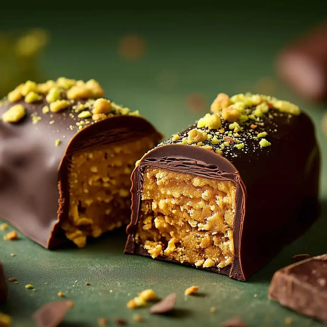 Coracao Dubai Chocolate Bar cross-section, 81% dark chocolate shell with golden pistachio and crisped quinoa filling, crushed pistachio garnish on top