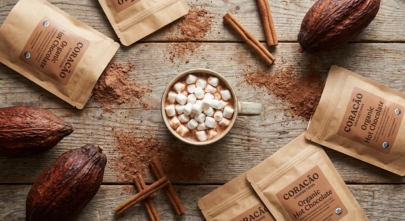 A cozy and inviting flat lay of premium, organic hot chocolate packets with a steaming mug.