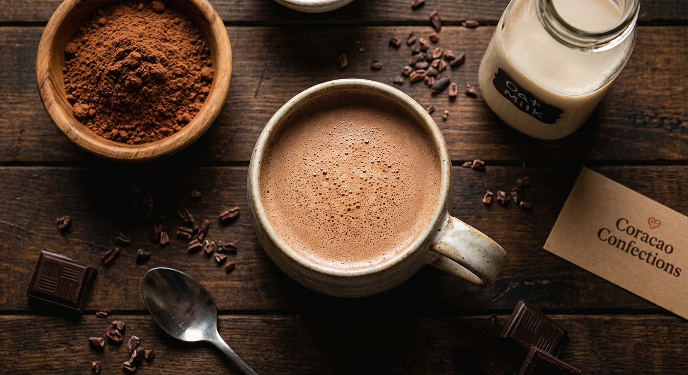 A rich and inviting mug of dairy-free hot chocolate surrounded by ingredients.