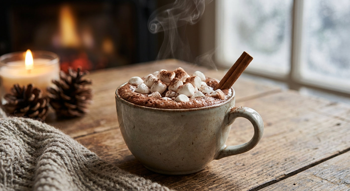 A cozy and inviting image of a rich and creamy homemade hot chocolate in a beautiful mug