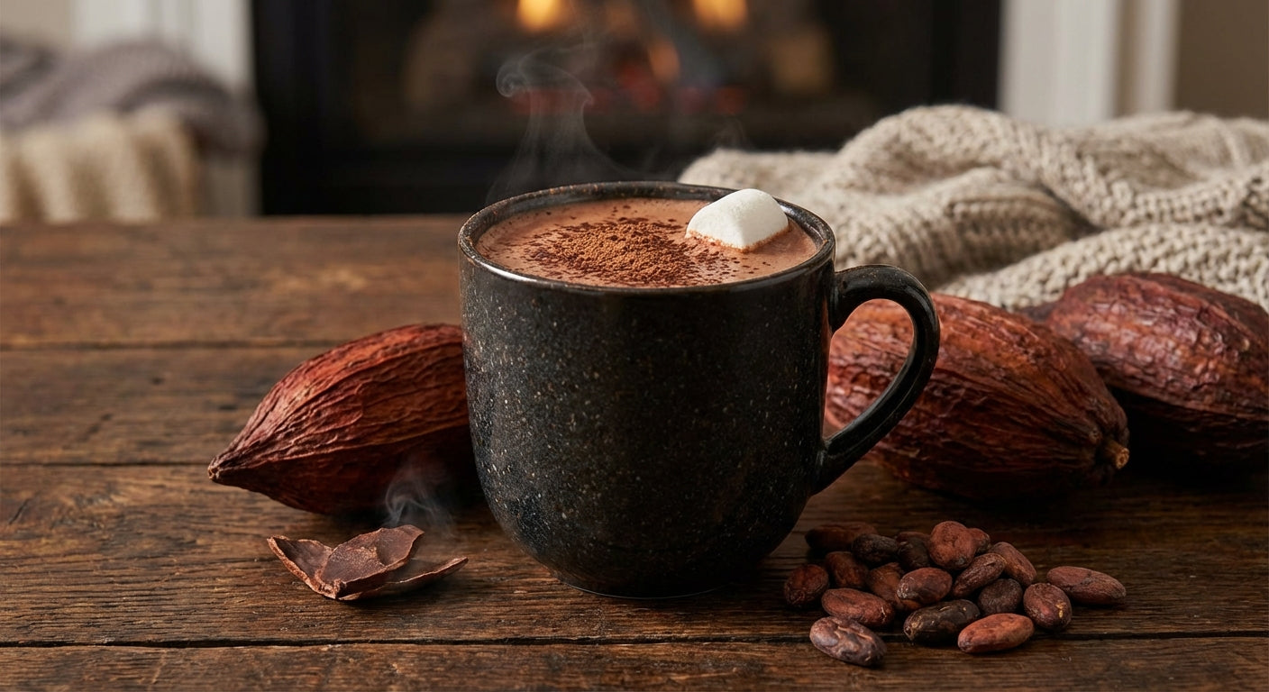 A steaming mug of gourmet hot chocolate surrounded by cacao pods and beans.