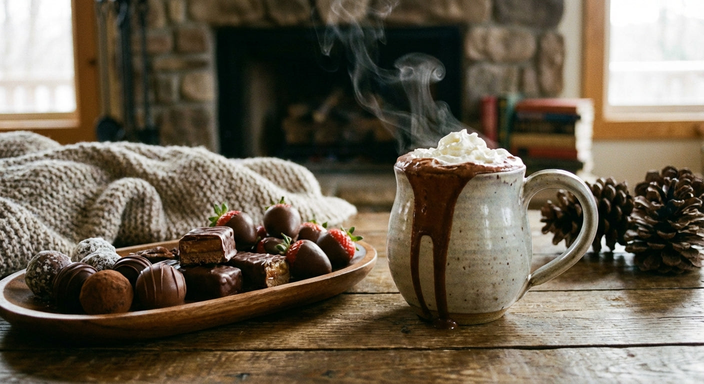 A cozy and inviting ceramic hot chocolate mug filled with rich, dark hot chocolate, placed on a rustic wooden table next to a platter of Coracao confections.