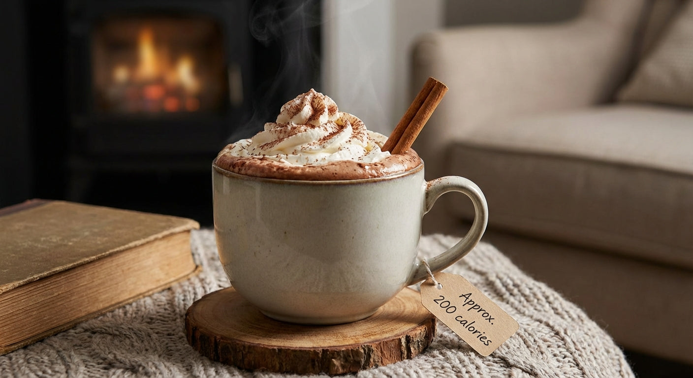 A cozy and inviting image of a steaming mug of hot chocolate, garnished with a single cinnamon stick.