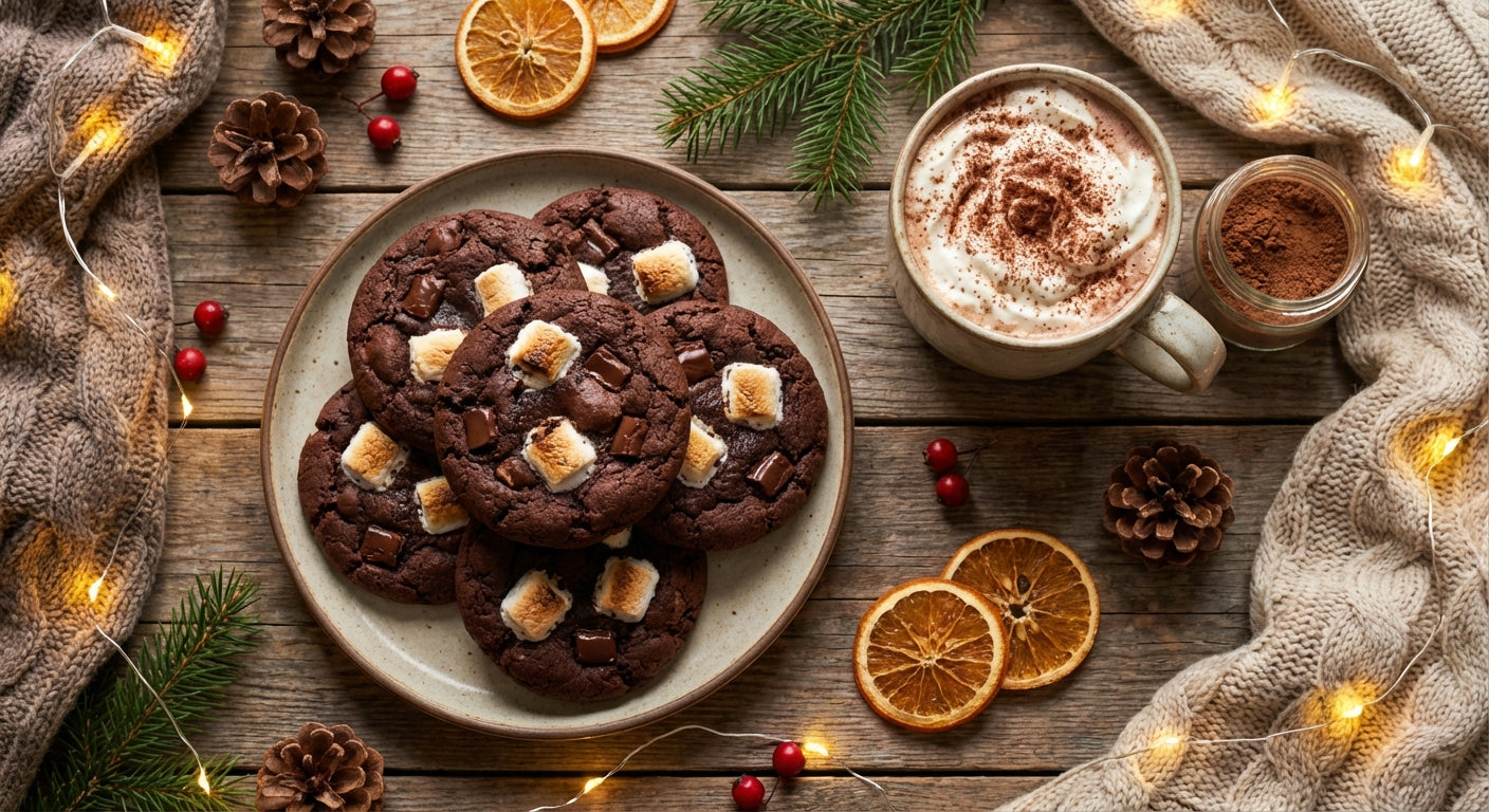 A cozy, winter-themed flat lay featuring a plate of freshly baked, fudgy hot chocolate cookies, with gooey marshmallows and melted chocolate chunks.