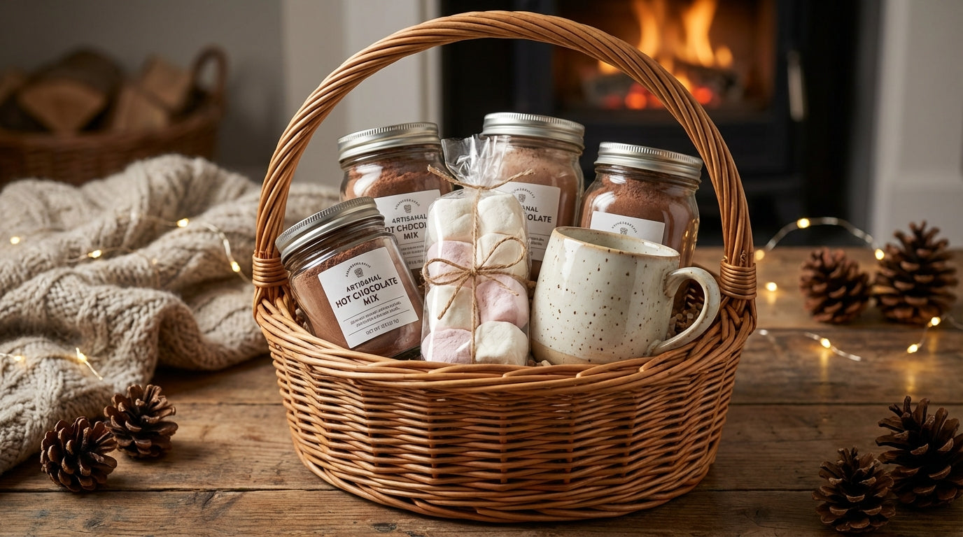 A beautifully curated hot chocolate gift basket, perfect for any occasion.