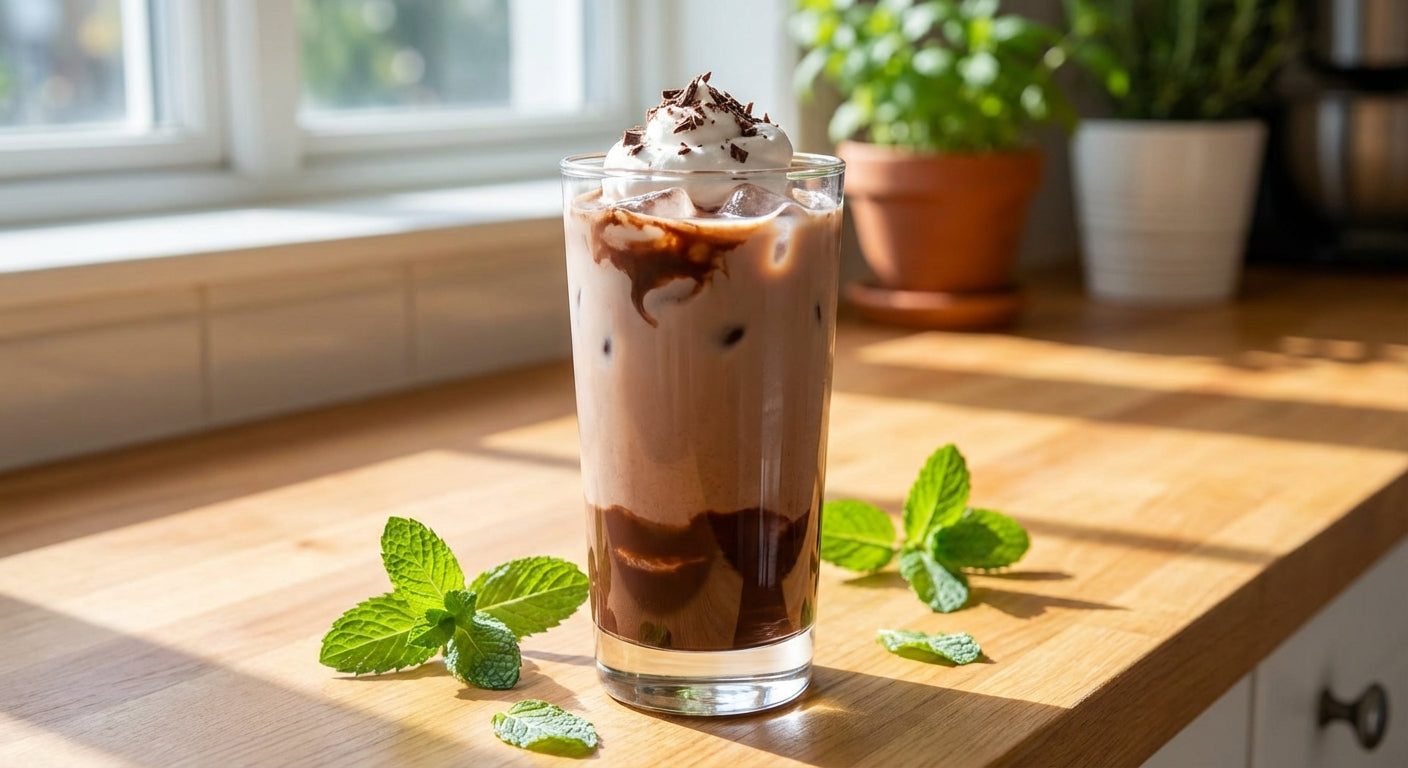 Tall glass of creamy iced hot chocolate with coconut whipped cream topping, dark chocolate shavings, and ice cubes, served on a bright kitchen counter with fresh mint garnish