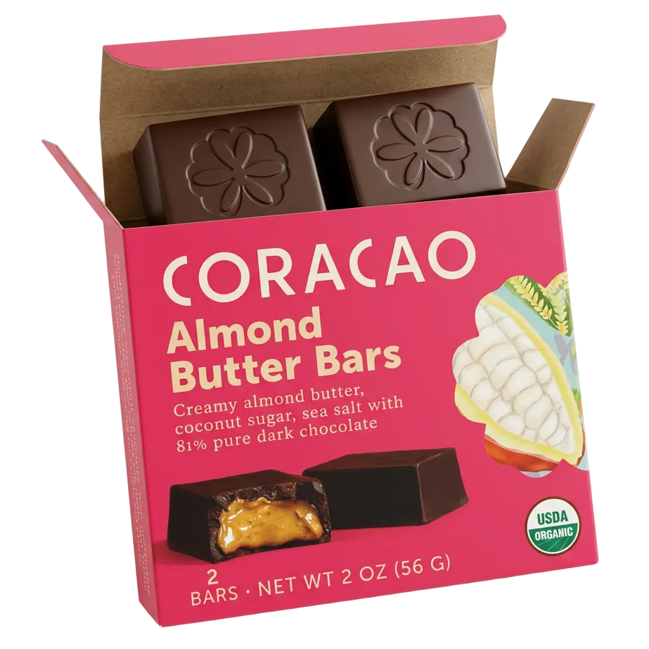 Almond Butter Chocolate Bar, unwrapped bar view showing chocolate texture, vegan