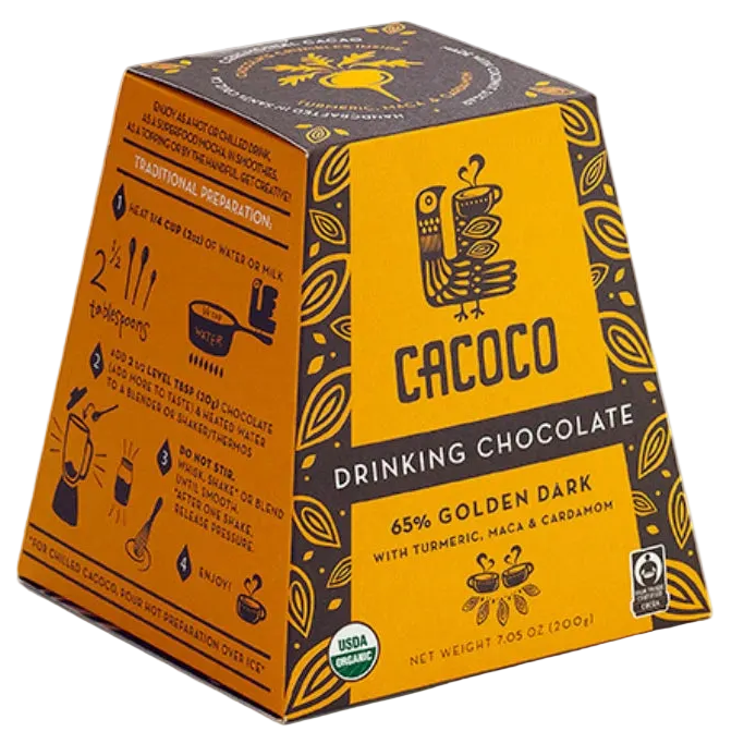 Golden Dark Drinking Chocolate - 65%, front of package on cream surface