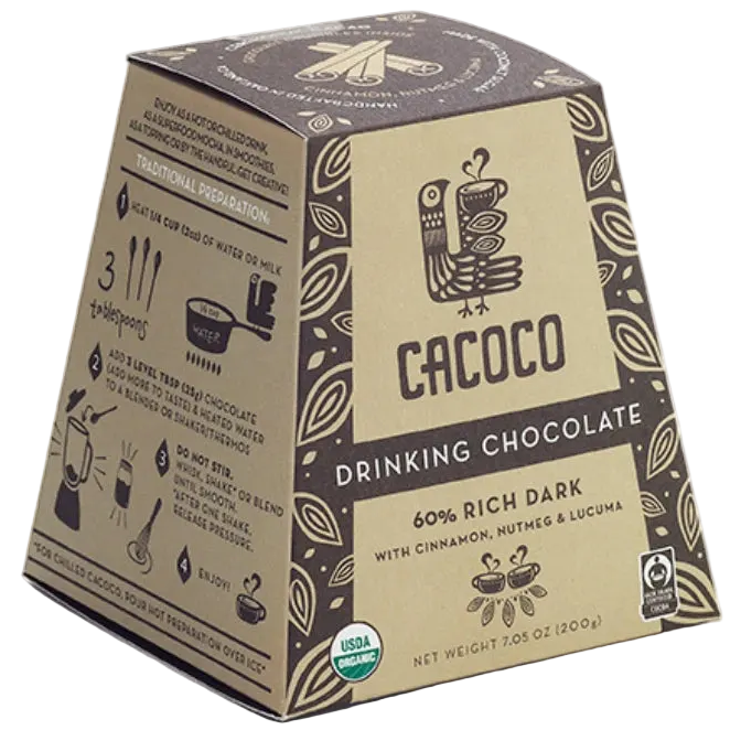 CACOCO Rich Dark Hot Chocolate Powder, 60% Cacao, front of package on cream surface