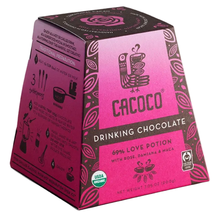 Love Potion Drinking Chocolate - 69%, front of package on cream surface