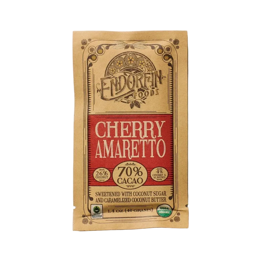 Cherry Amaretto Dark Chocolate | 70% Cacao, front of package on cream surface