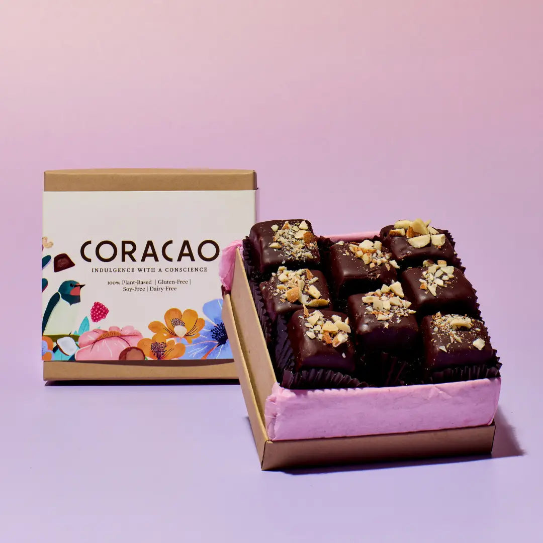 Soy-free, gluten-free truffles made with lucuma, maca, and plant-based caramel filling.