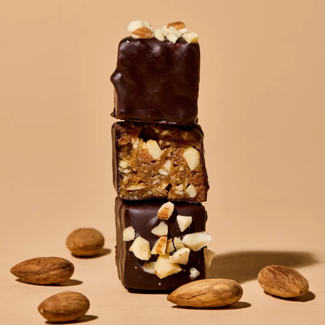 Organic, fair-trade cacao truffles dipped in 81% dark chocolate with whipped cashew caramel.