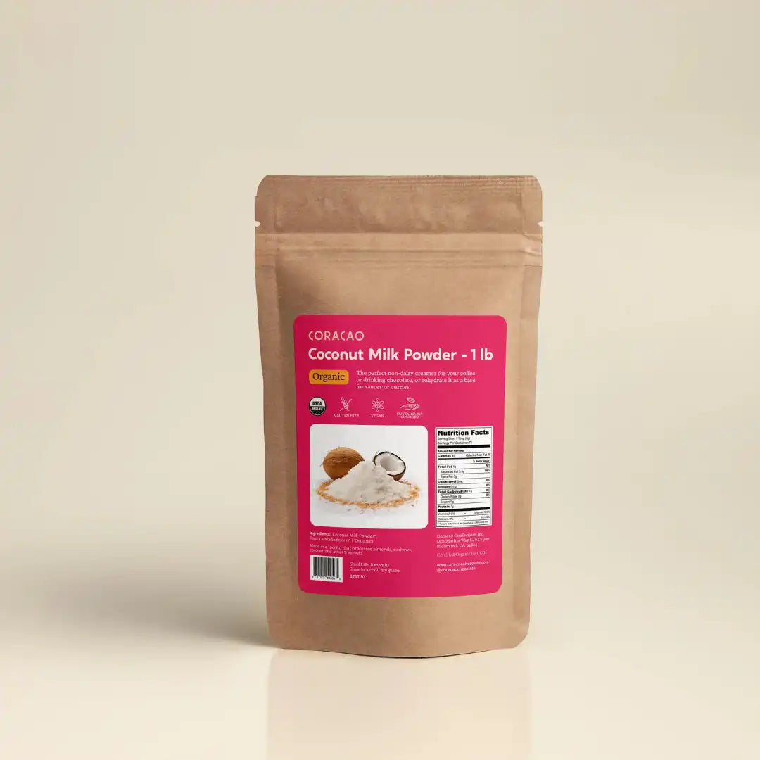 A package of Coracao Coconut Milk Powder in a brown pouch with a label showing the product name and an image of coconut pieces.