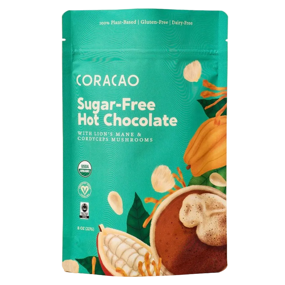 Coracao Confections Mushroom Hot Chocolate – Vegan, with Lion's Mane and Cordyceps for wellness benefits.