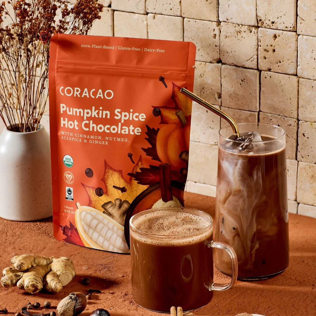 Pumpkin Spice meets hot chocolate – a vegan blend of cacao, coconut milk, and warm spices.