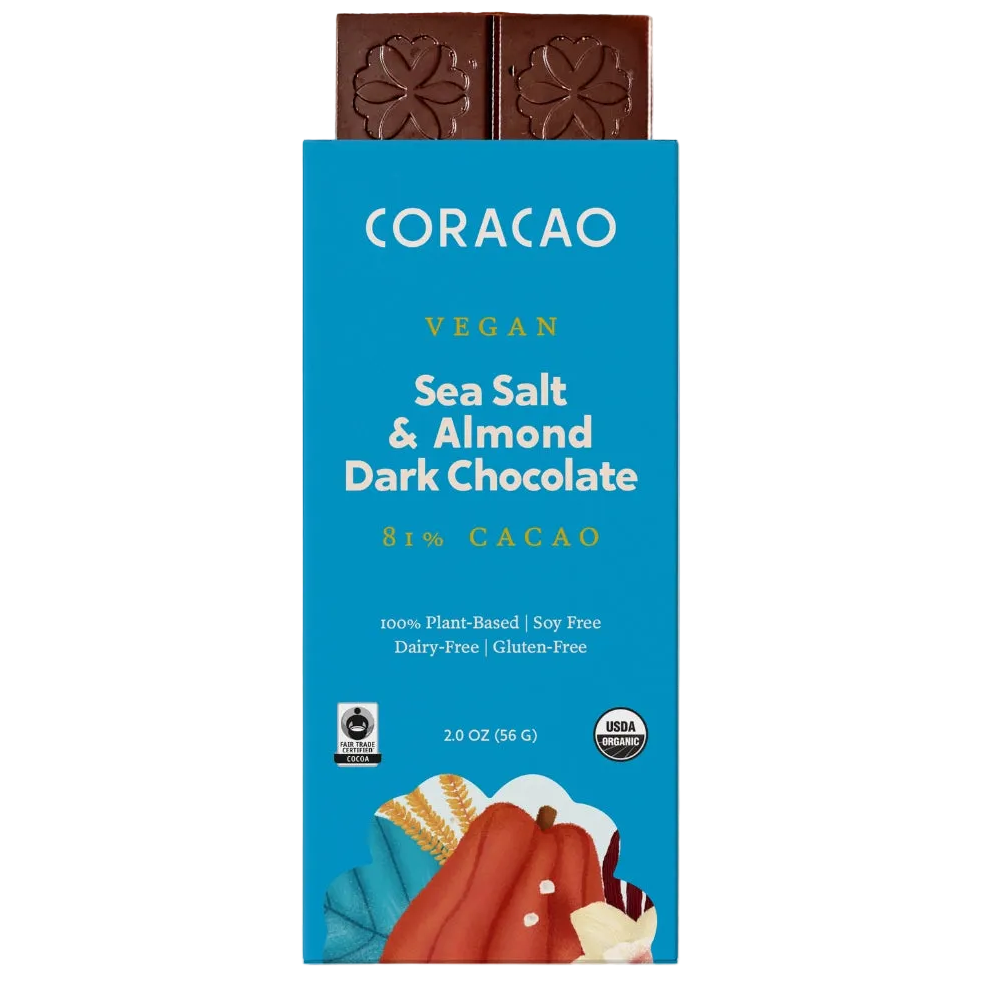 Sea Salt & Almond Vegan Chocolate 81% packaging showing ingredients and allergen-free certification