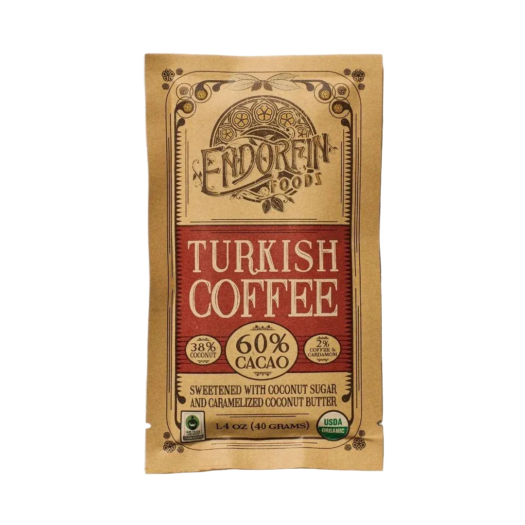 Turkish Coffee Dark Chocolate Bar 60% Cacao, front of package on cream surface