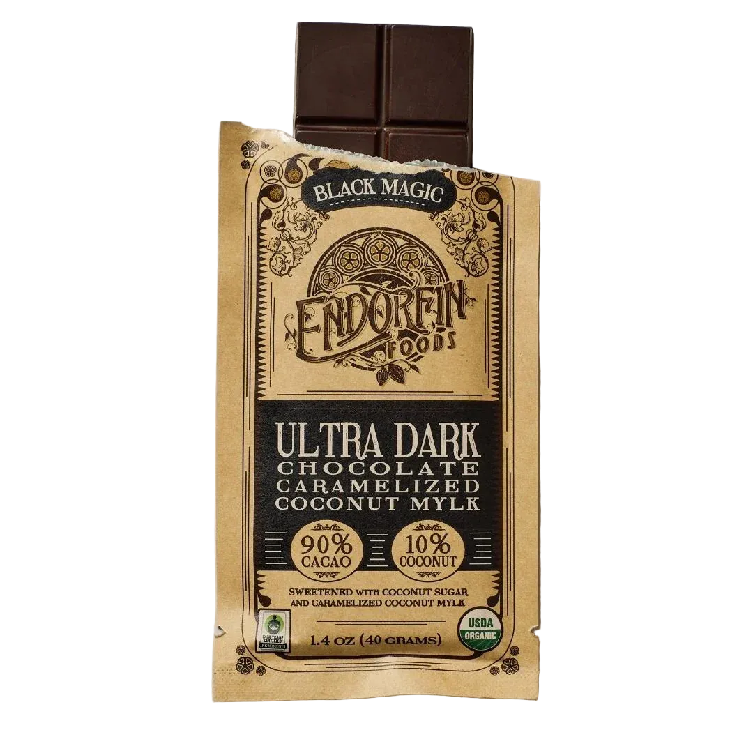 Black Magic Vegan Dark Chocolate Bar, 90% Cacao, unwrapped bar view showing chocolate texture