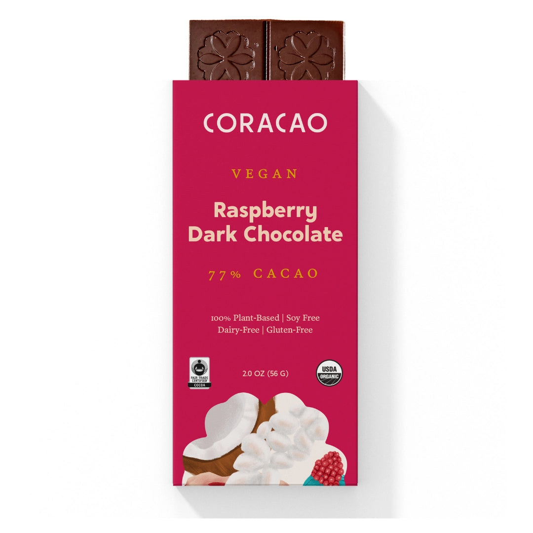 Organic, fair-trade raspberry chocolate bar with creamy cacao butter and Himalayan salt.