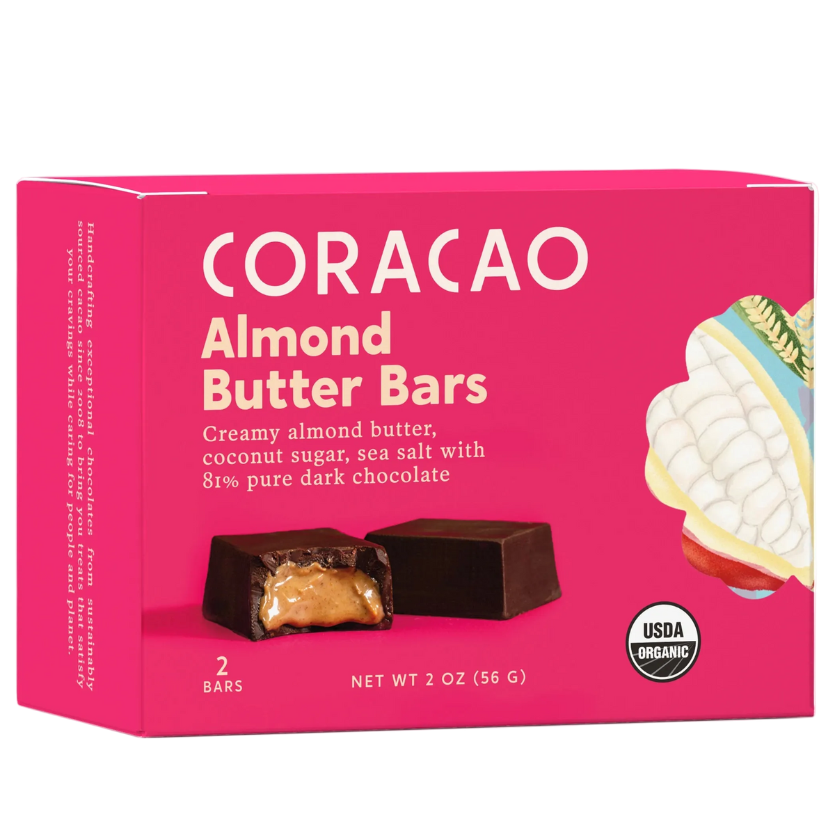 Almond Butter Chocolate Bar, front of package on cream surface, vegan