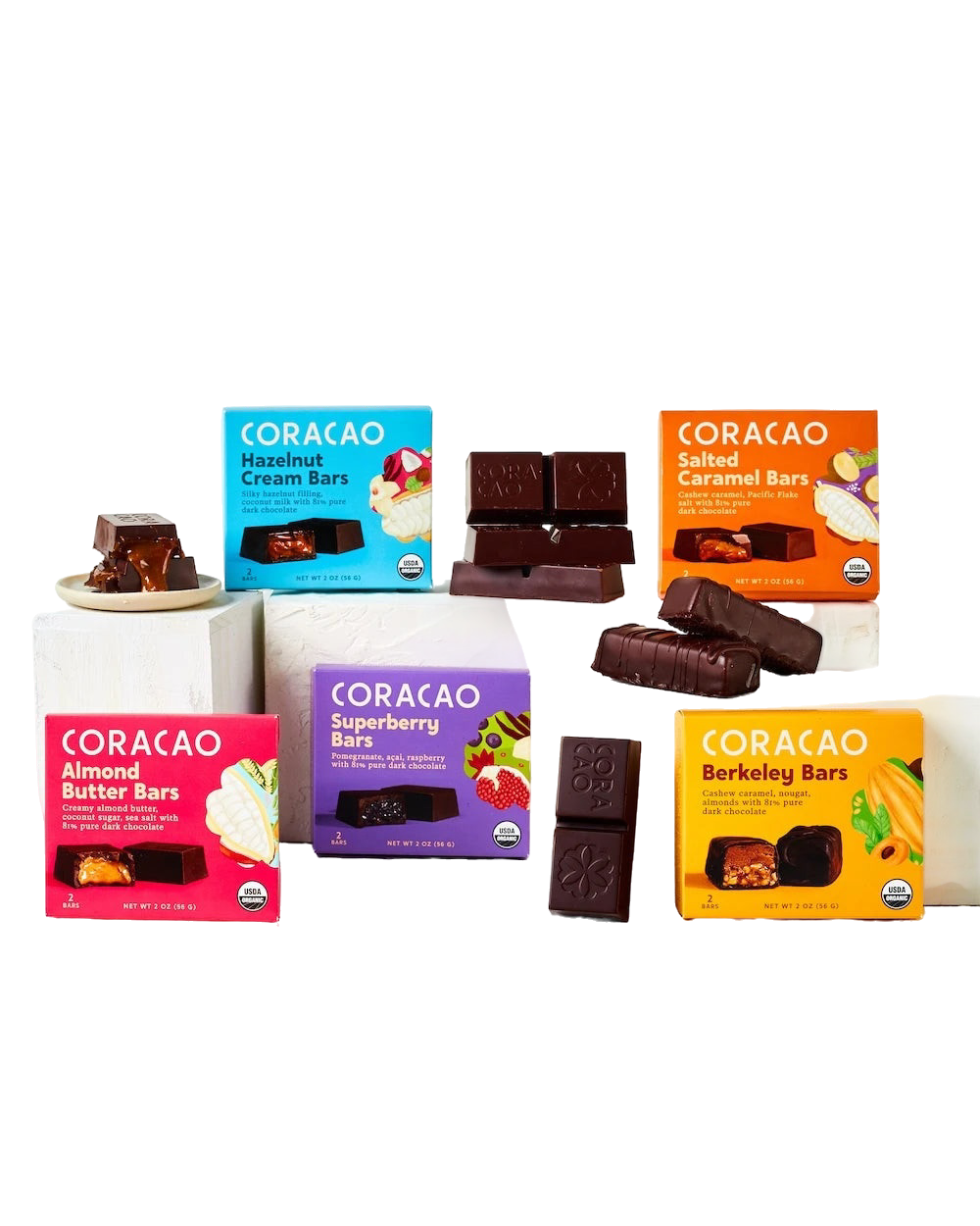 Coracao Vegan Candy Bar Bundle — 5 bar variety pack on transparent background