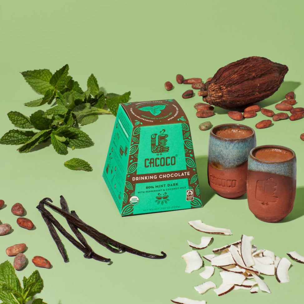 Indulge in the cool, rich flavor of 60% Mint Hot Chocolate – soy-free, gluten-free, and plant-based.