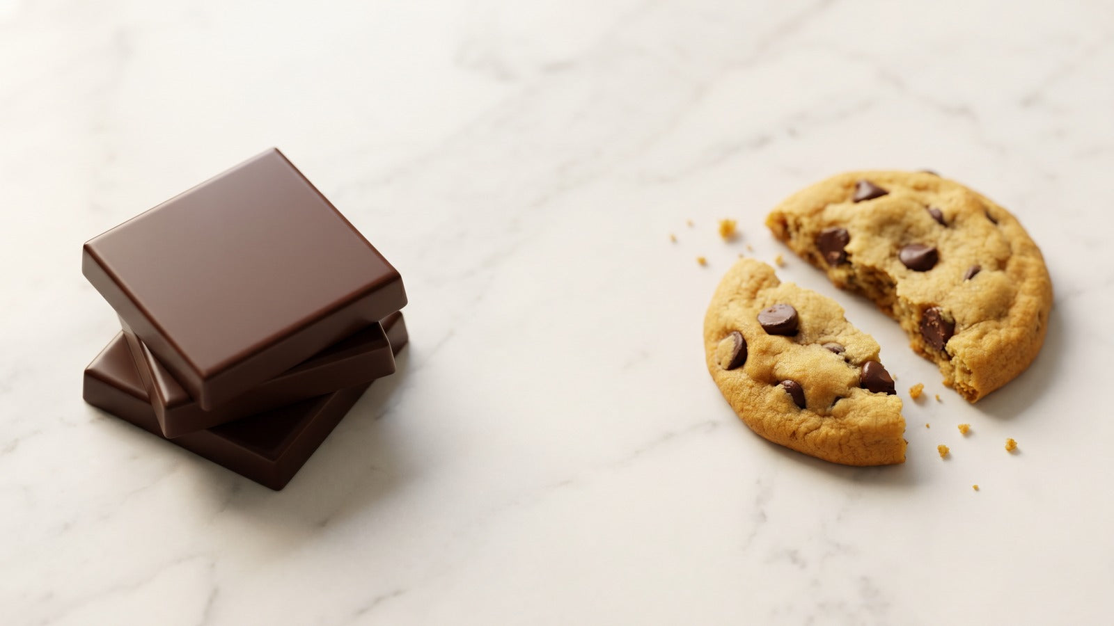 Dark chocolate squares stacked on white marble next to a single chocolate chip cookie, editorial flat-lay showing calorie comparison