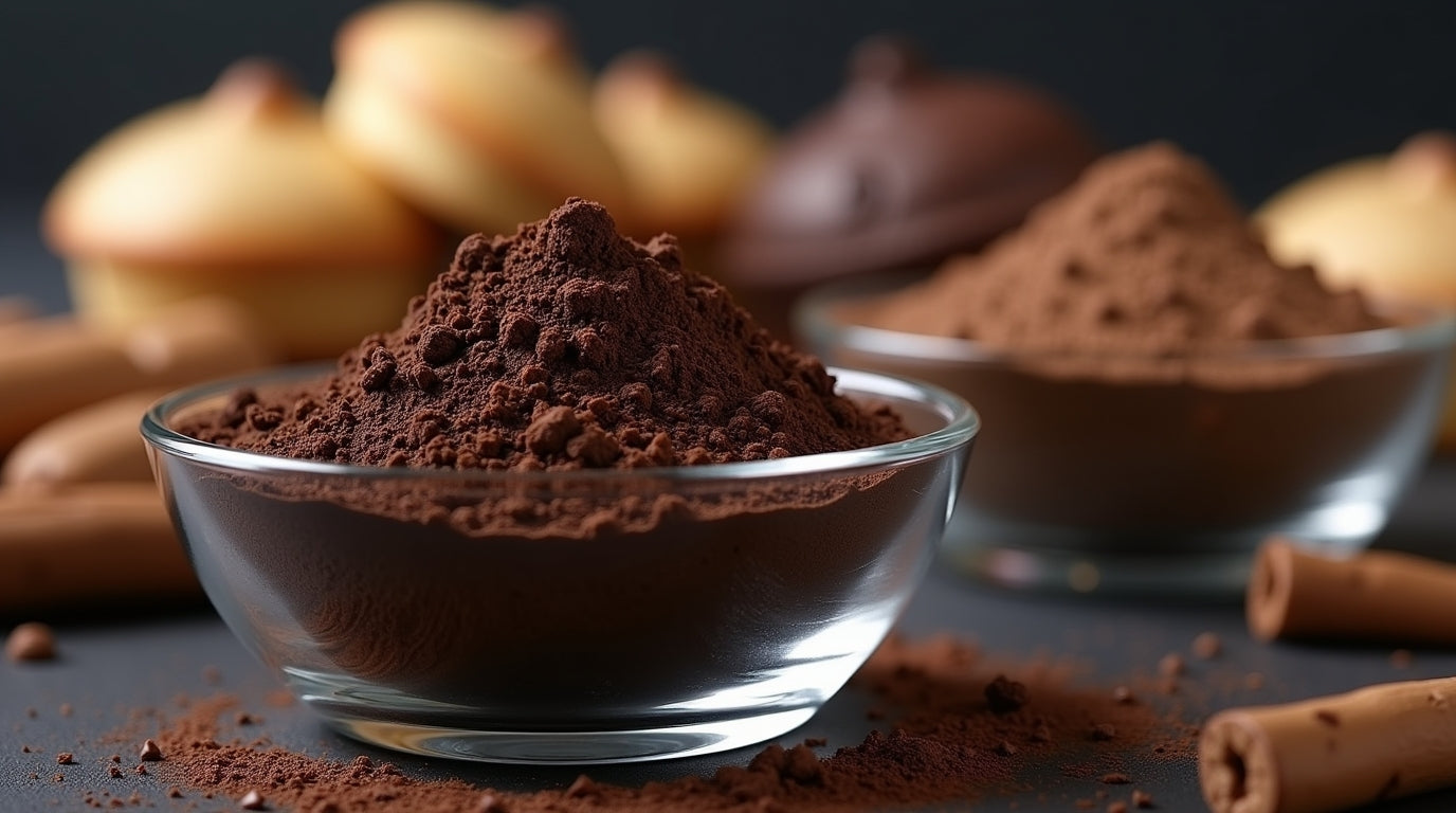 Side by side comparison of regular cocoa powder and black cocoa powder showing dramatic color difference in bowls and baked goods