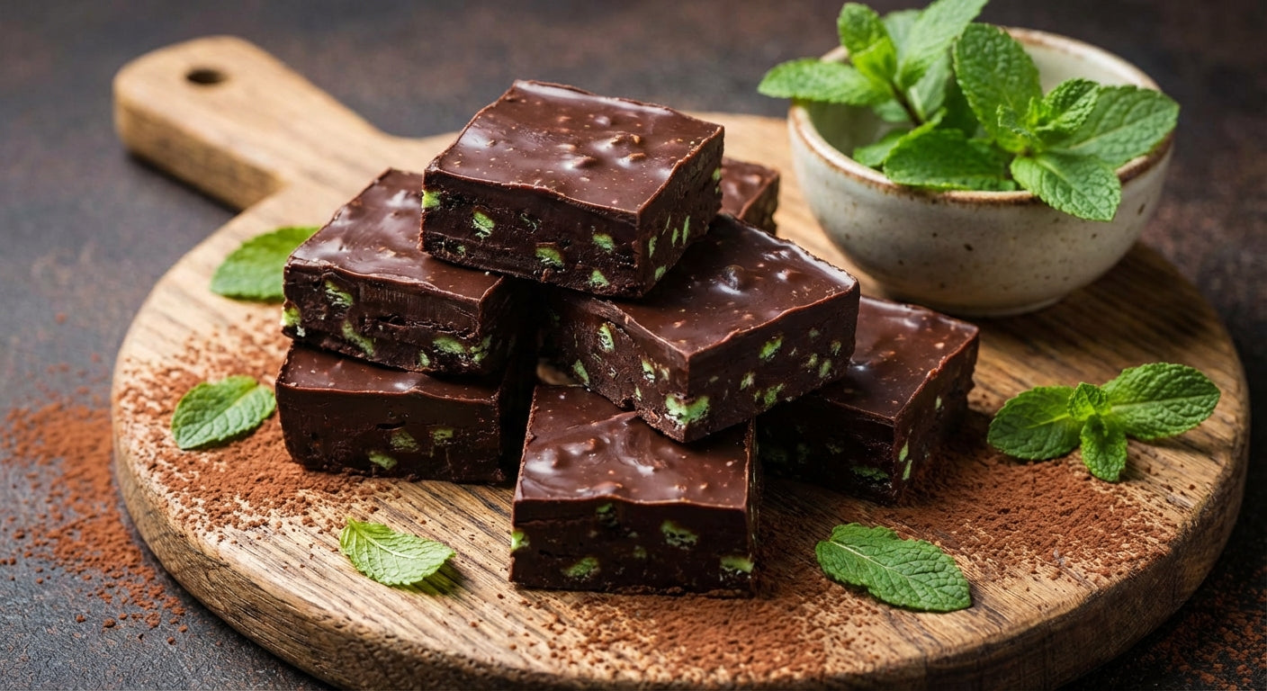 Delicious vegan mint chip chocolate squares with fresh mint leaves on an elegant serving dish or rustic wooden board, emphasizing homemade and gourmet quality.