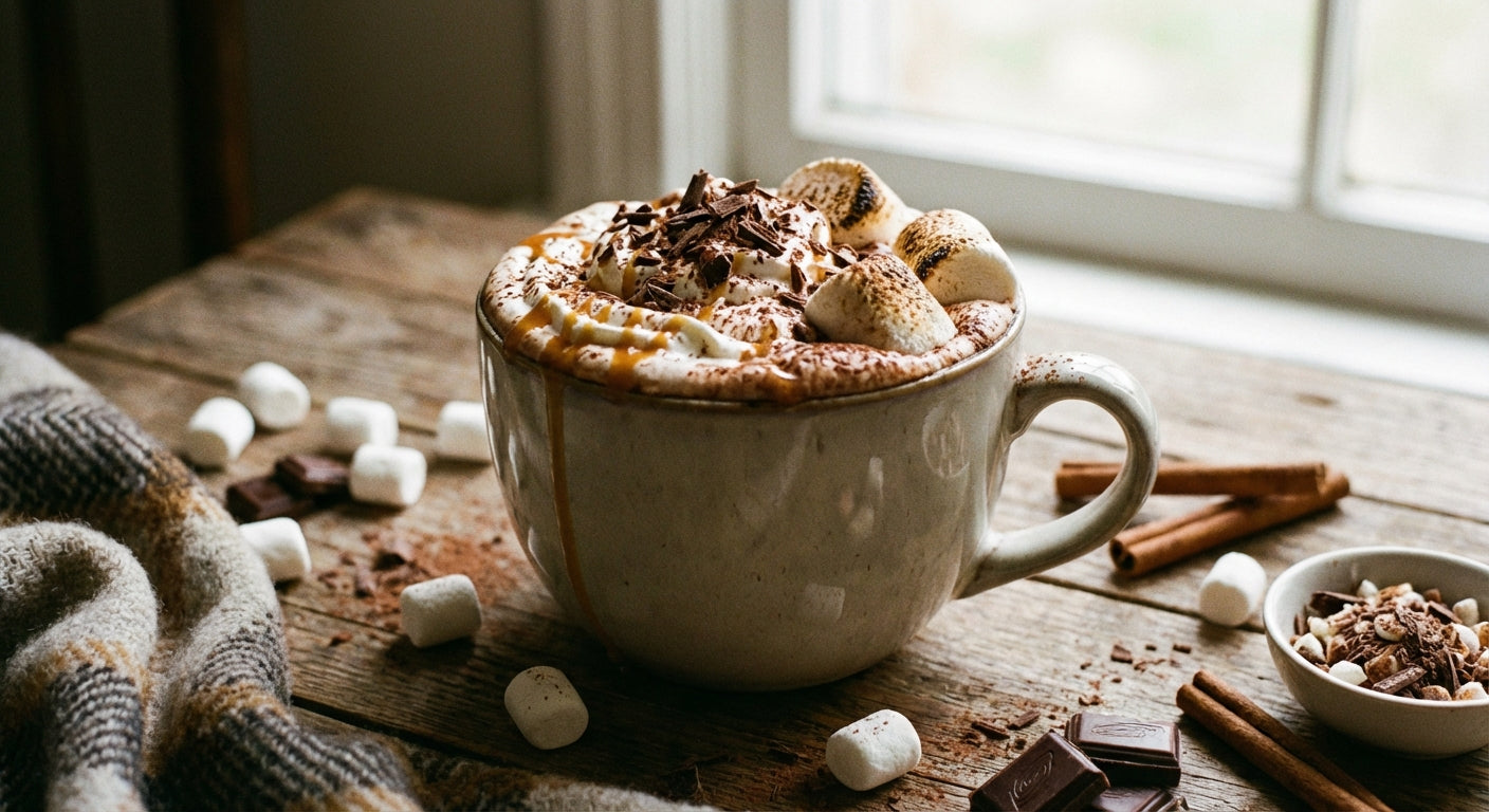 Classic hot chocolate toppings including marshmallows, whipped cream, chocolate shavings, and cinnamon sticks arranged around a dark hot chocolate mug on a wooden board