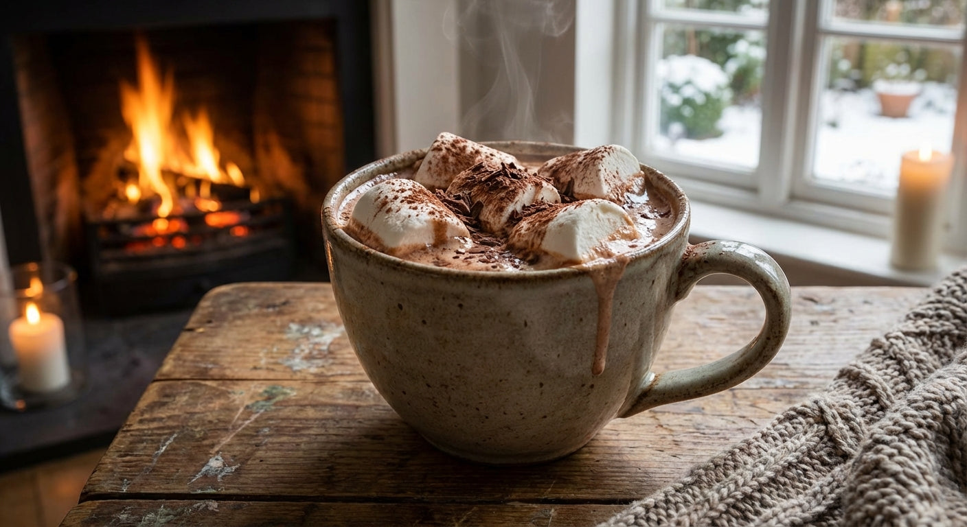 Steaming vegan hot chocolate with marshmallows melting in a ceramic mug