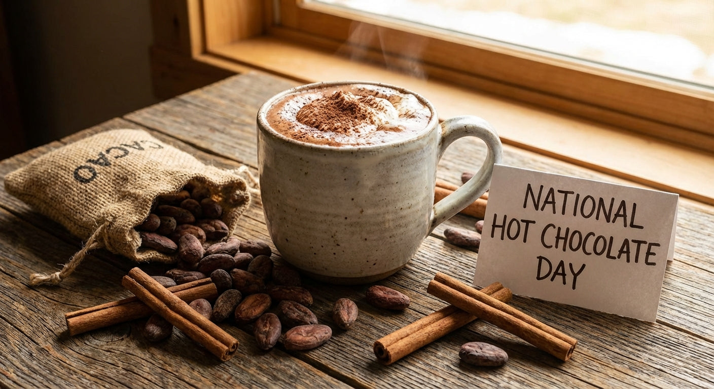 Artisan hot chocolate in ceramic mug surrounded by raw cacao beans and cinnamon sticks on wooden table for National Hot Chocolate Day celebration