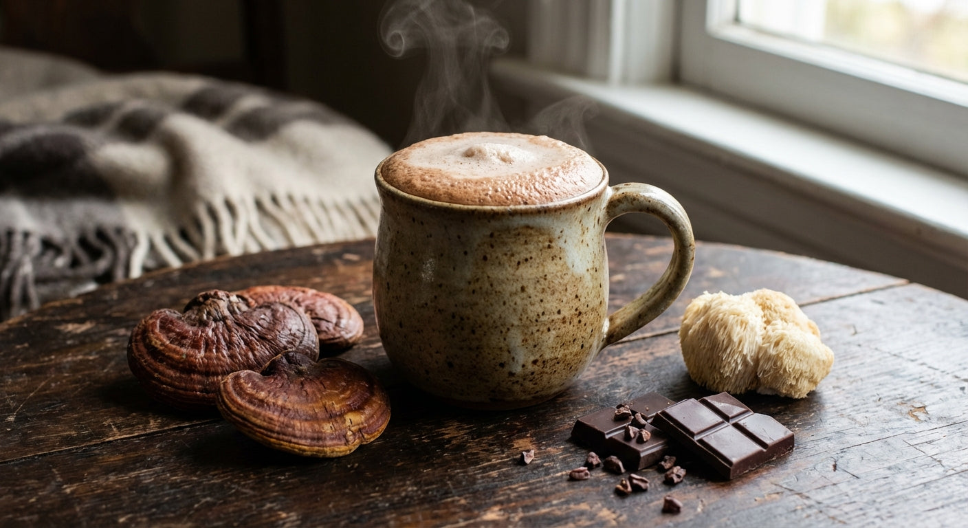 A rustic mug of mushroom hot chocolate with whole mushrooms and dark chocolate on a wooden table.