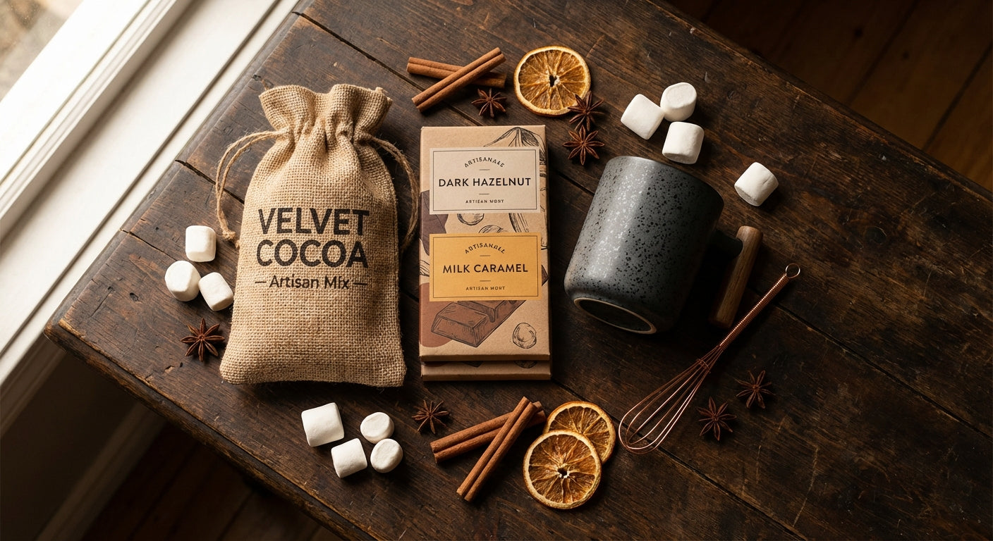 Premium vegan hot chocolate gift set with organic chocolate discs, ceramic mug, and natural garnishes arranged on wooden table
