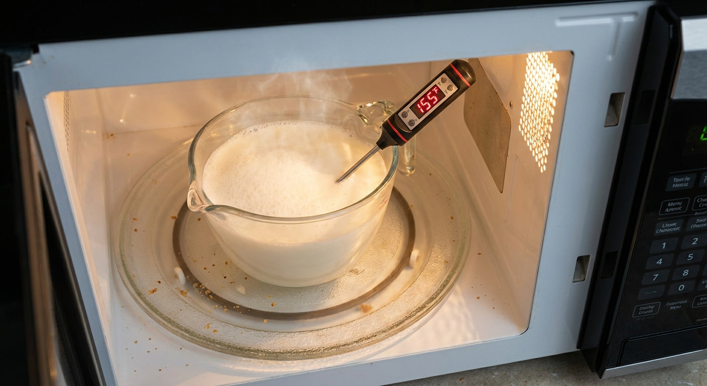 Glass measuring cup with steaming milk in microwave showing ideal 155°F temperature for hot chocolate preparation