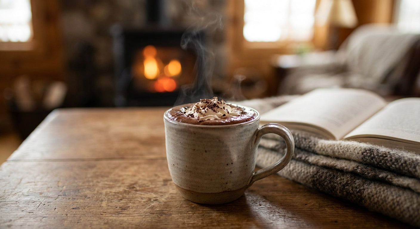 A cozy and inviting image of a rich, dark hot chocolate in a ceramic mug, with steam gently rising. The background is a warm, soft-focus setting with a book and a knitted blanket, suggesting comfort and relaxation. The lighting is warm and natural.