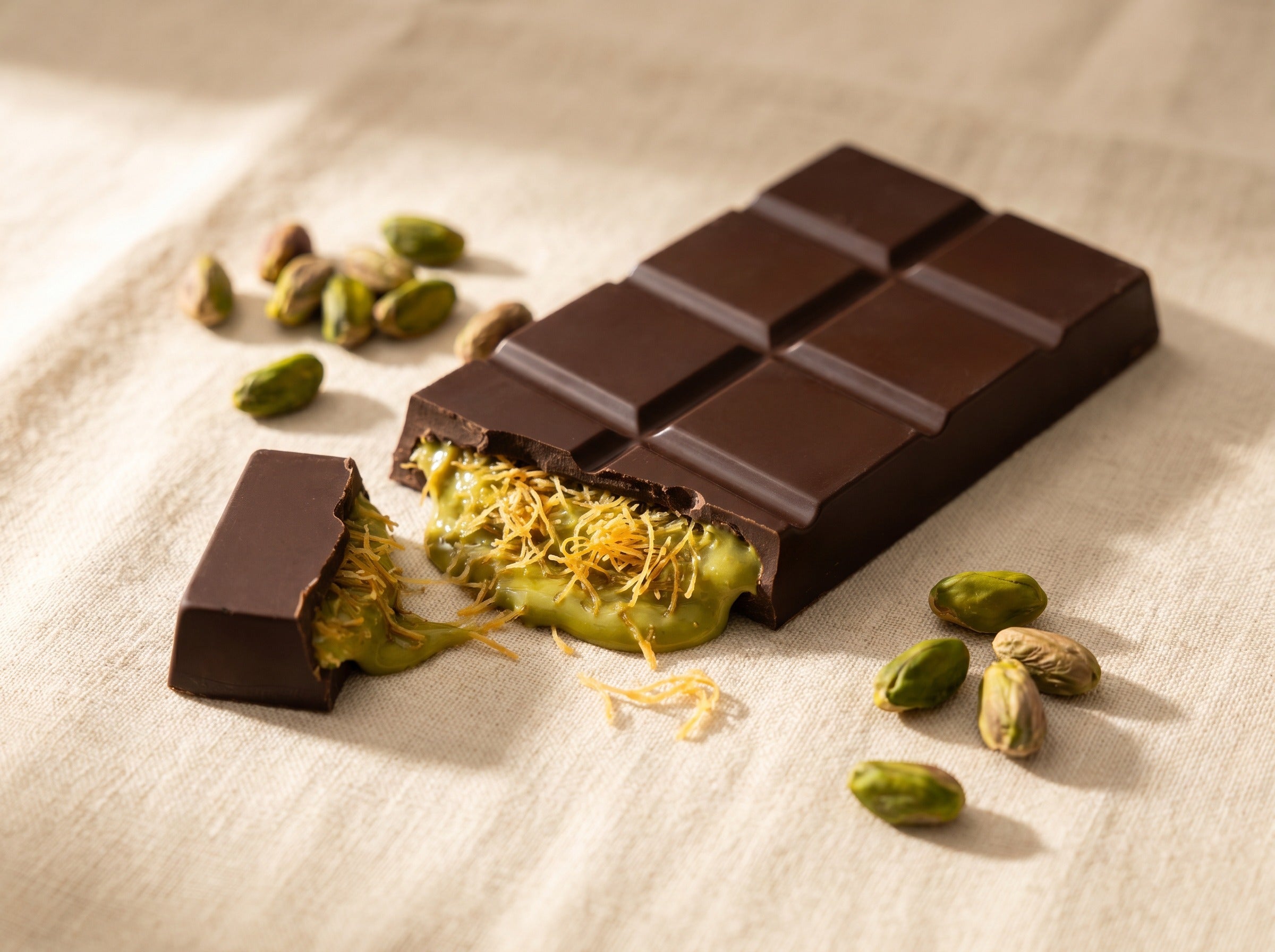 Top-down view of finished Coracao Dubai Chocolate Bar with crushed pistachio garnish, anchoring an ingredient sourcing guide
