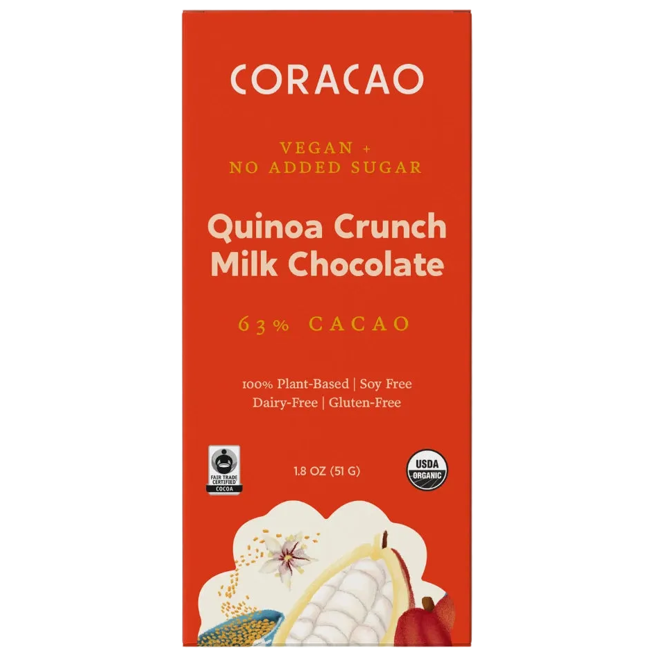 Quinoa Crunch No Sugar Added Milk Chocolate, front of package on cream surface, vegan