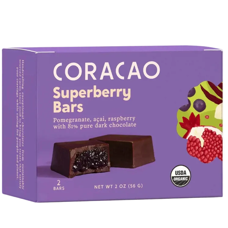 Superberry Vegan Chocolate Bars, front of package on cream surface