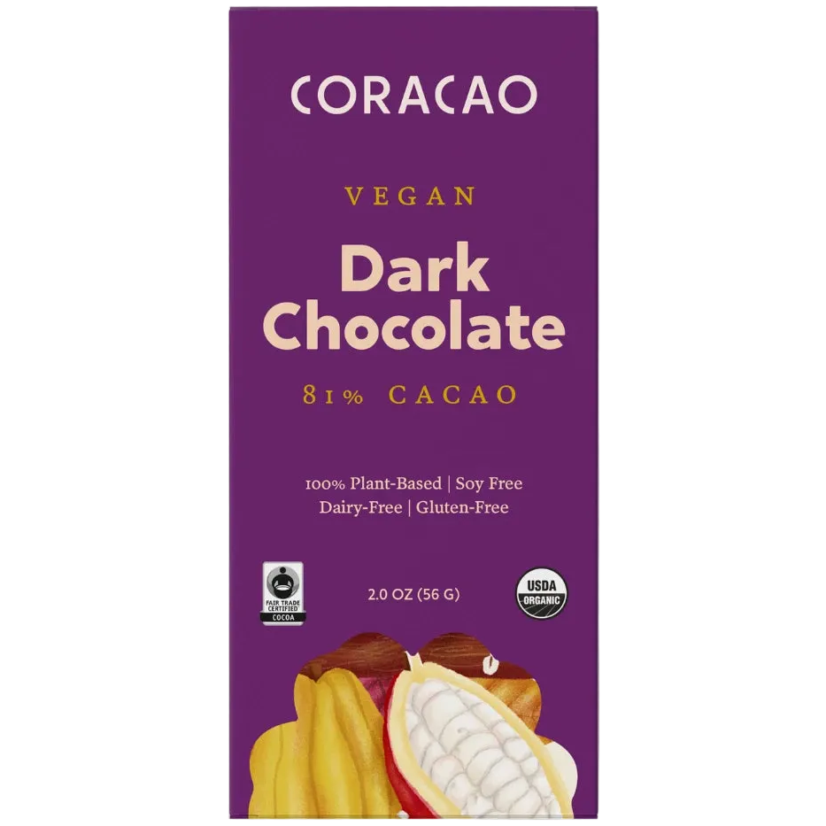 Vegan Dark Chocolate 81%, front of package on cream surface