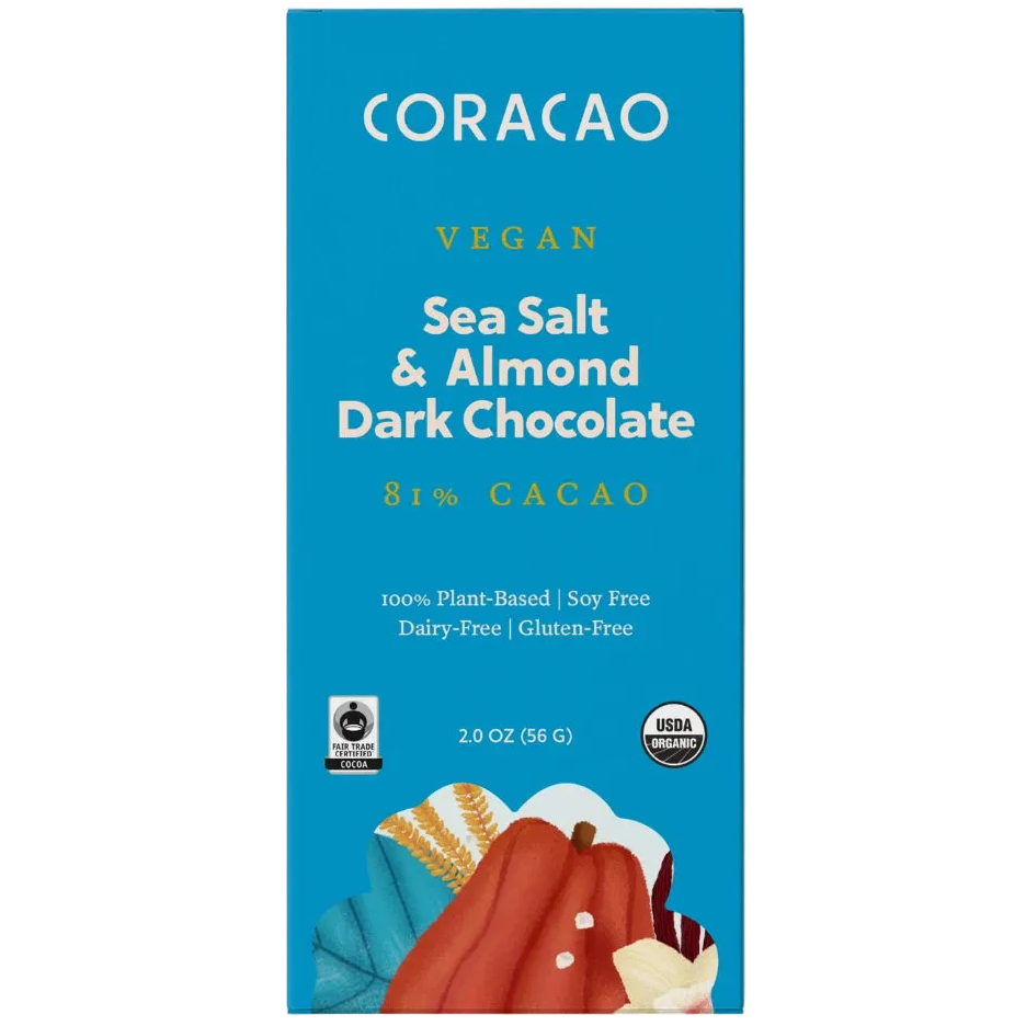 Sea Salt & Almond Vegan Chocolate 81%, front of package on cream surface