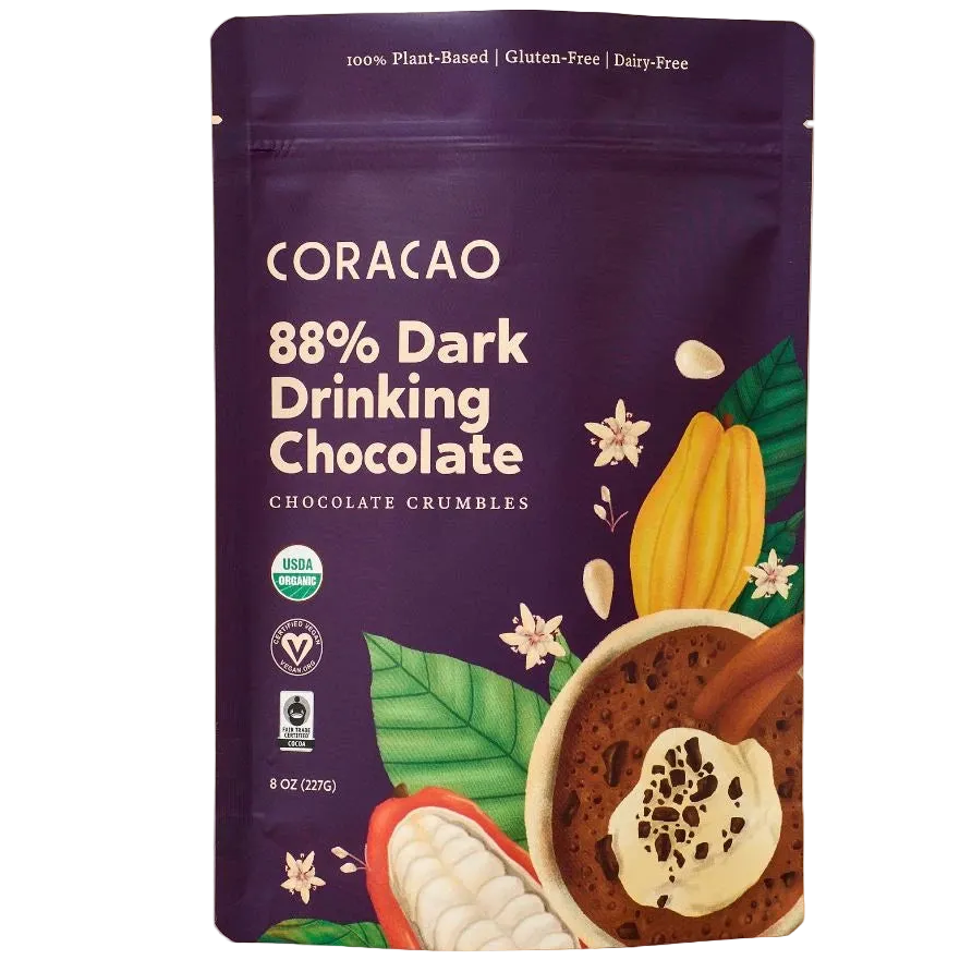 Vegan Drinking Chocolate, 88% Ceremonial Cacao, front of package on cream surface