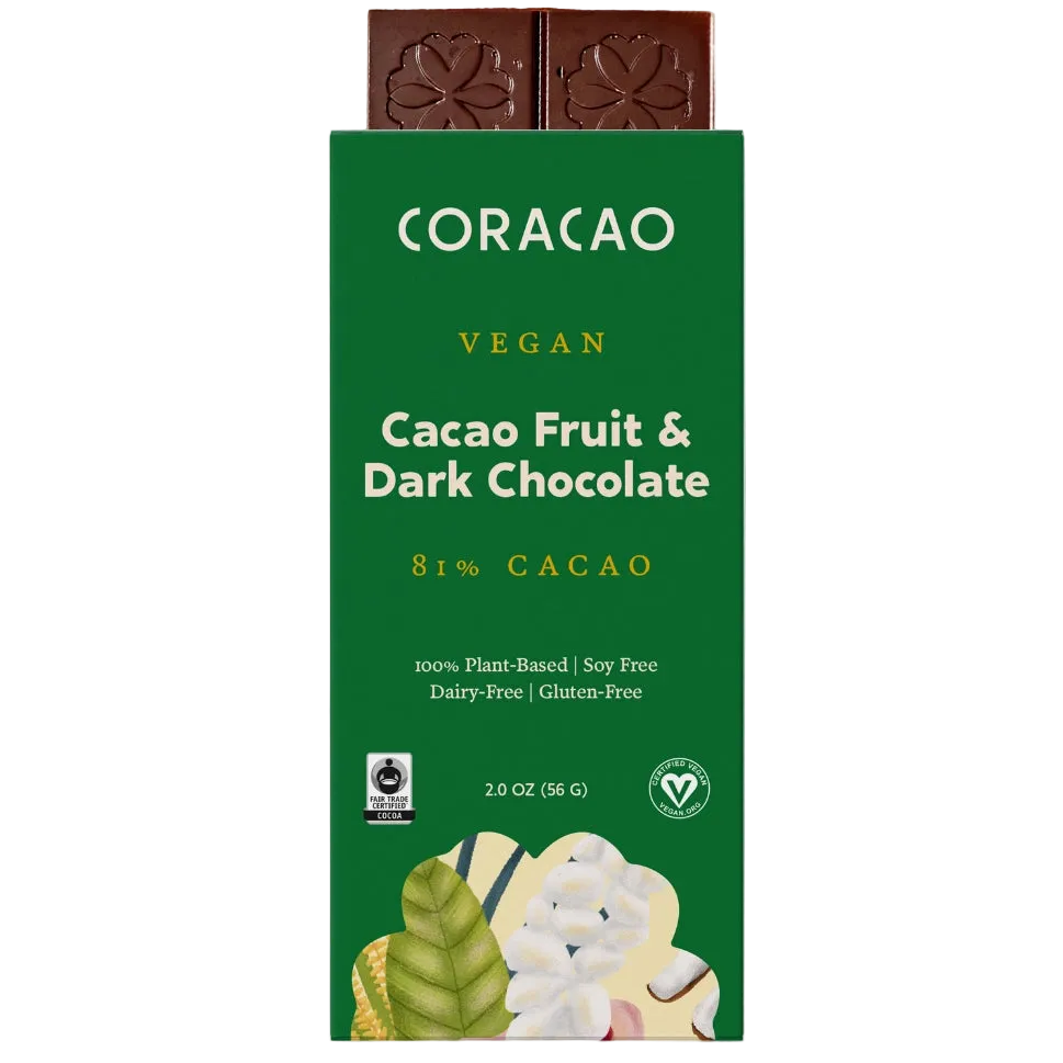 Vegan cacao fruit chocolate from organic fair-trade Theobroma cacao