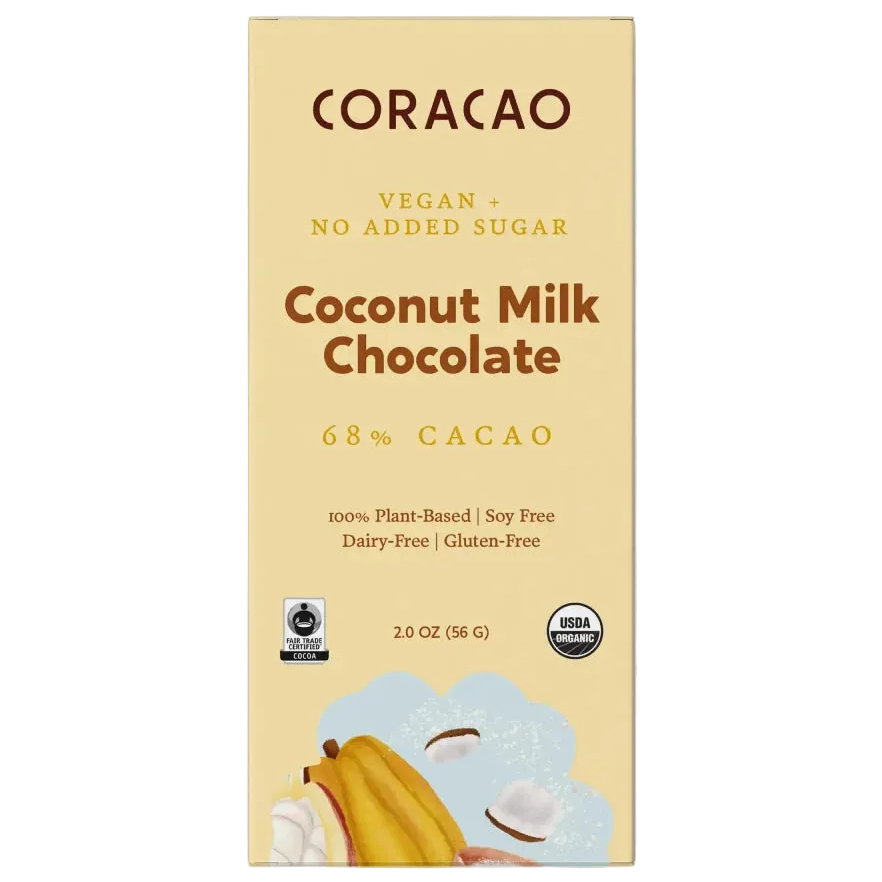 No Sugar Added Coconut Milk Chocolate, front of package on cream surface, vegan