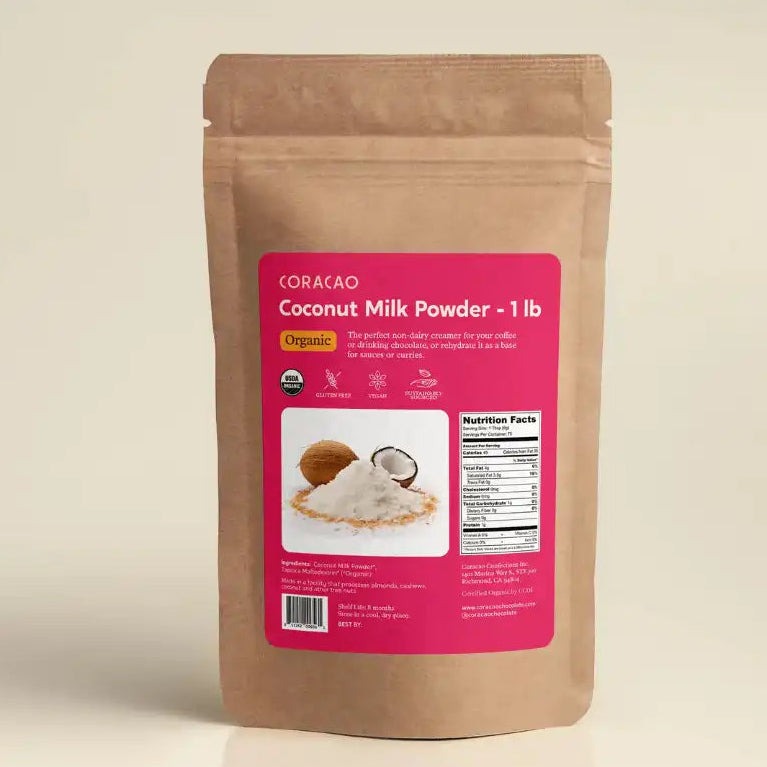 A package of Coracao Coconut Milk Powder in a brown pouch with a label showing the product name and an image of coconut pieces.