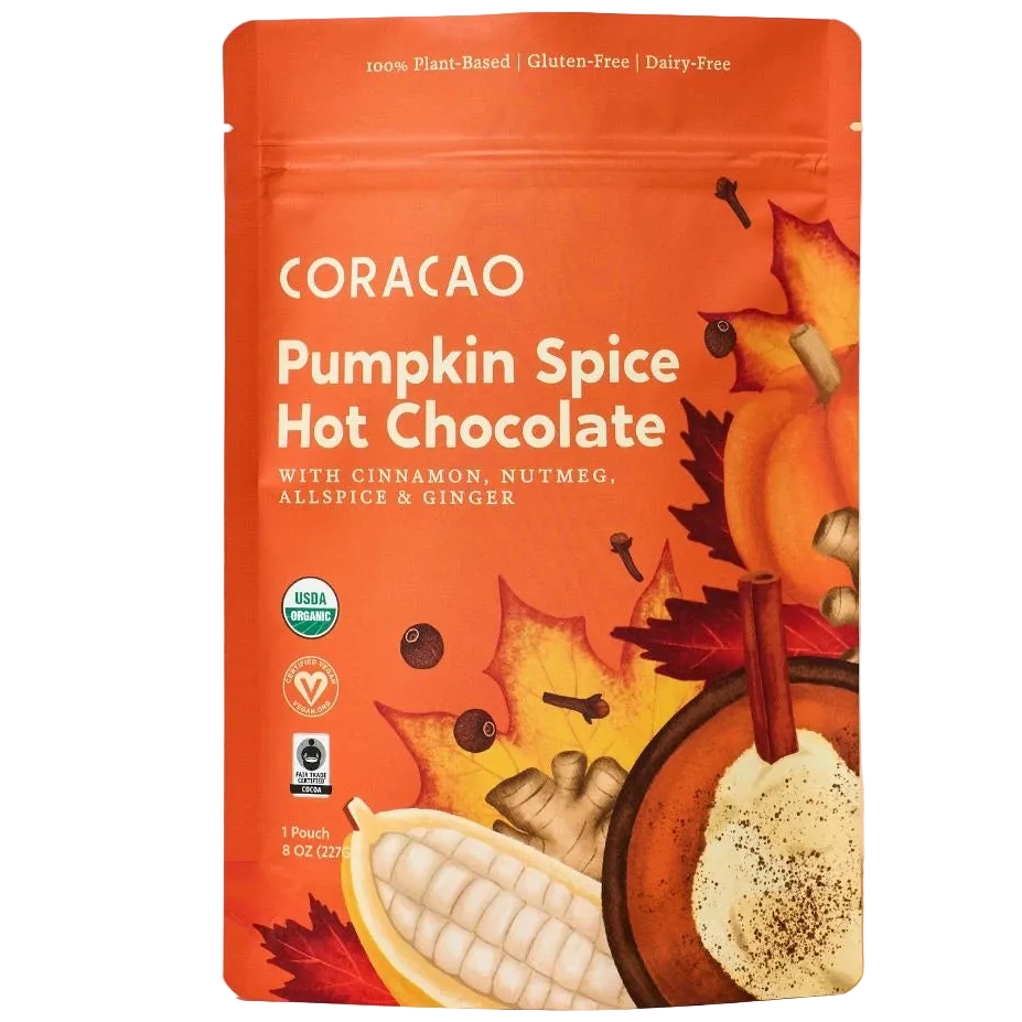 Vegan Pumpkin Spice Hot Chocolate – creamy cacao and warm spices for the perfect fall treat.
