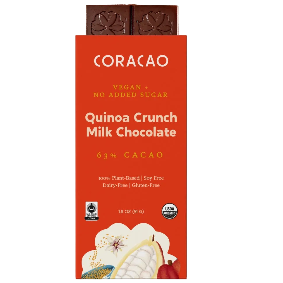 Quinoa Crunch Sugar Free Milk Chocolate packaging showing ingredients and allergen-free certification