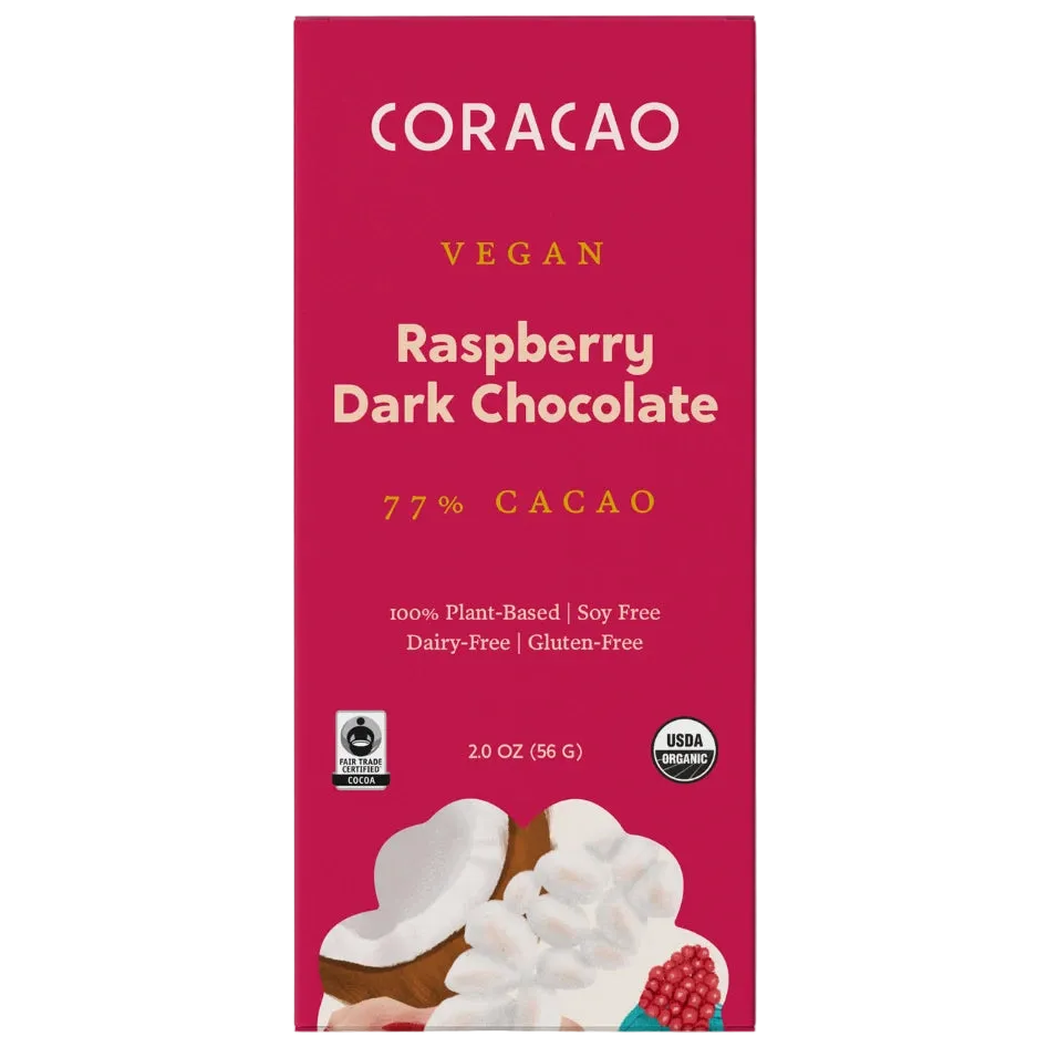 Vegan raspberry dark chocolate bar – a perfect blend of tart fruit and rich heirloom cacao.
