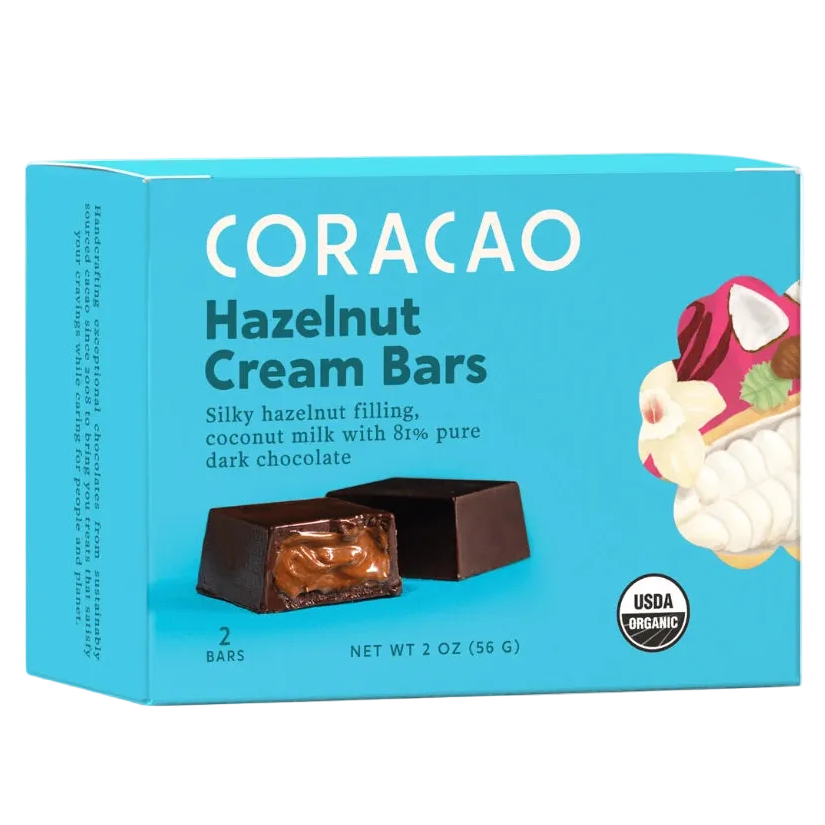 Vegan Hazelnut Chocolate Bar, front of package on cream surface, Oregon hazelnuts